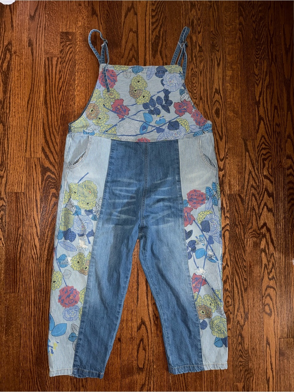 Floral Patchwork Denim Women’s Overalls - Blue